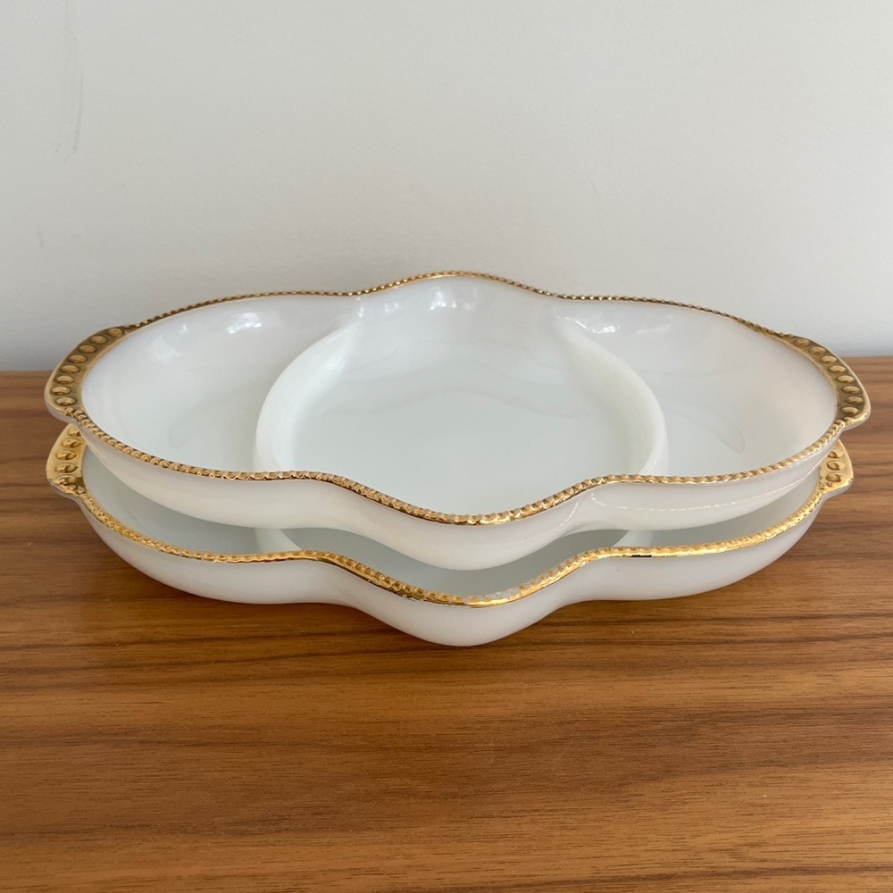 VINTAGE Lot of 2 Fire King Oven Ware Milk Glass Gold Trim Divided Dish 1950's